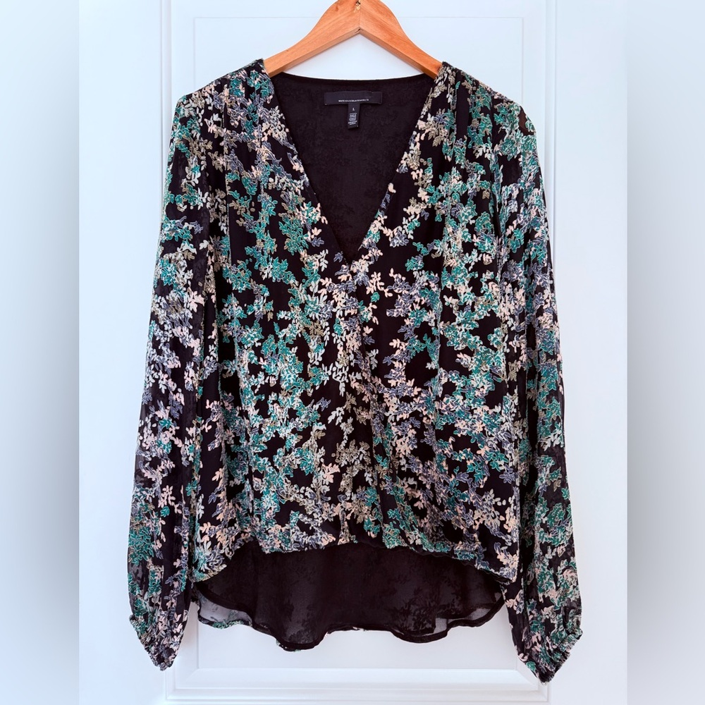 White House Black Market Floral Silk Blend Surplice Wrap Blouse Top Green Large